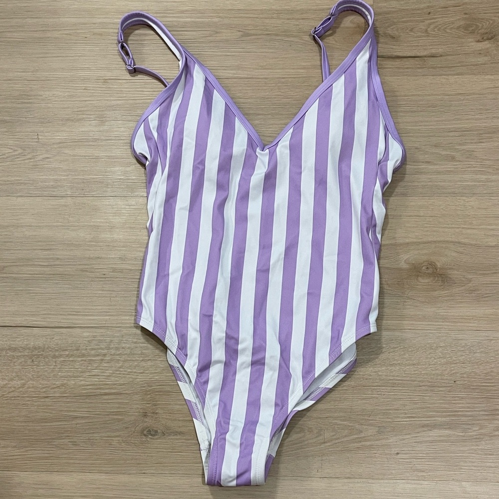 Kona Sol Lavender and White Striped Swimsuit